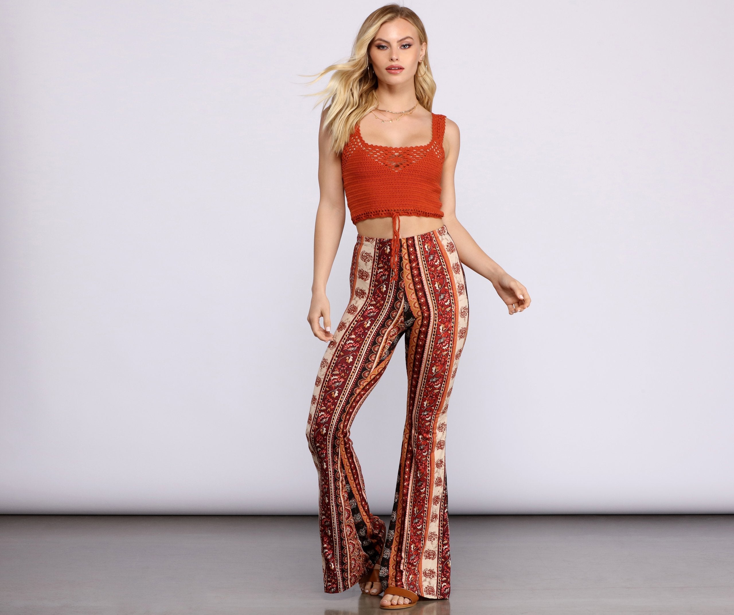 Boho Flair Floral Stripe Flare Pants
