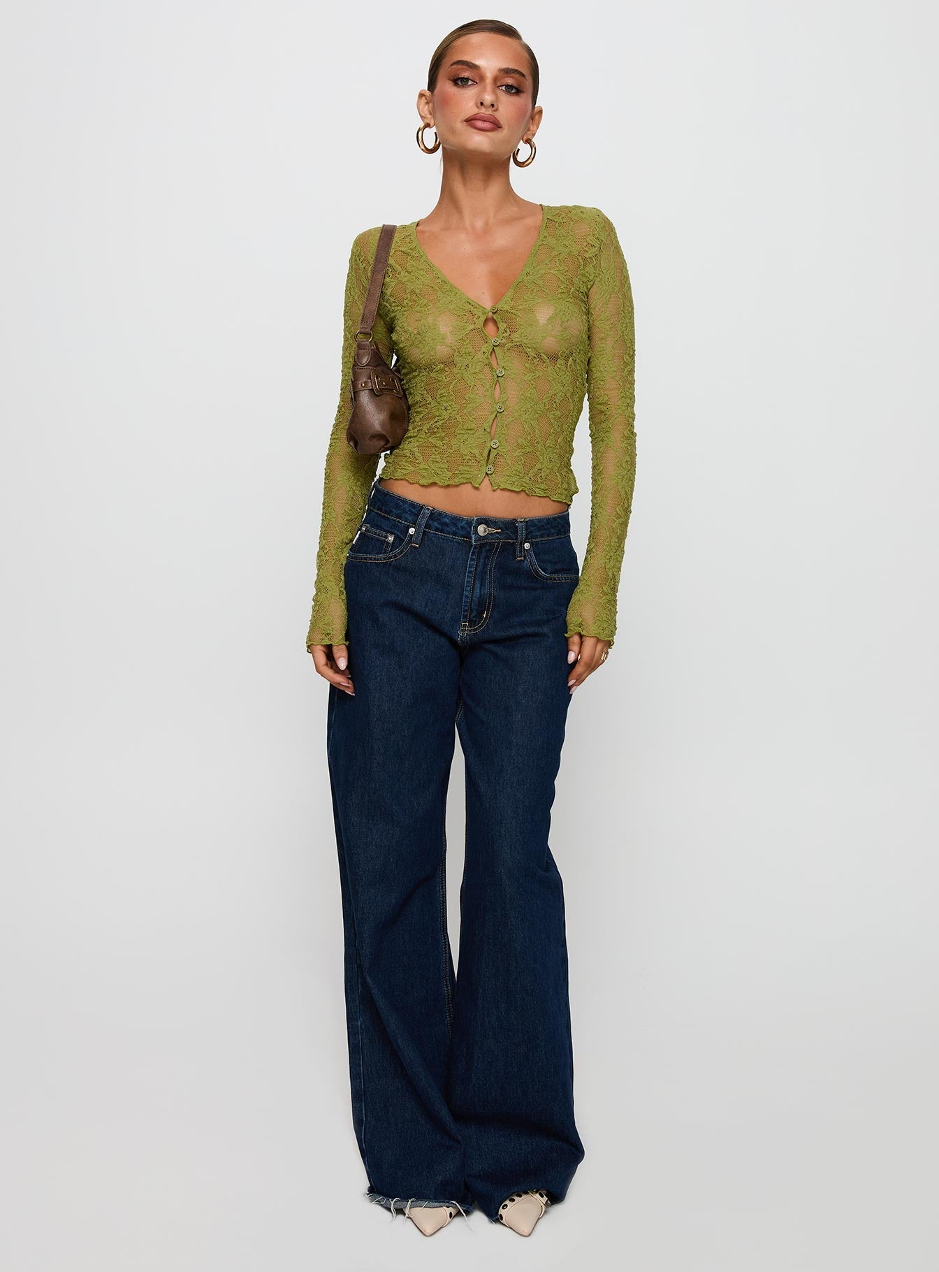 Prized Possessions Sheer Button Up Top Green